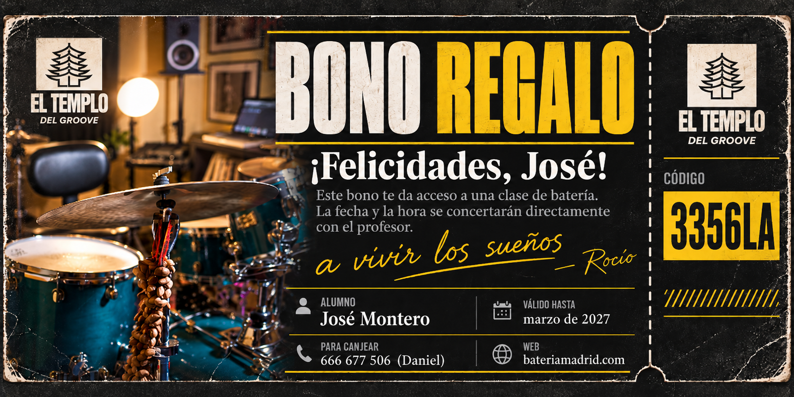 Ejemplo de bono regalo de clases de batería presenciales de El Templo del Groove, en Madrid, con nombre, dedicatoria, código y fecha de validez